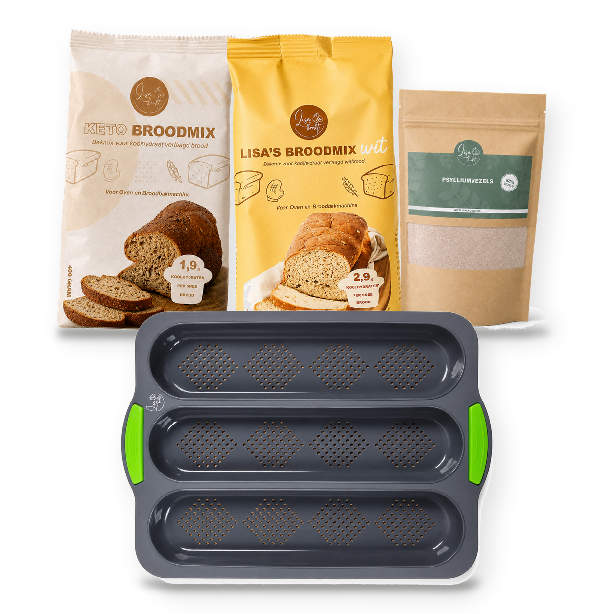 Broodpakket Compleet met bruin brood bakmix, witbrood bakmix, psylliumvezels en de stokbrood bakvorm