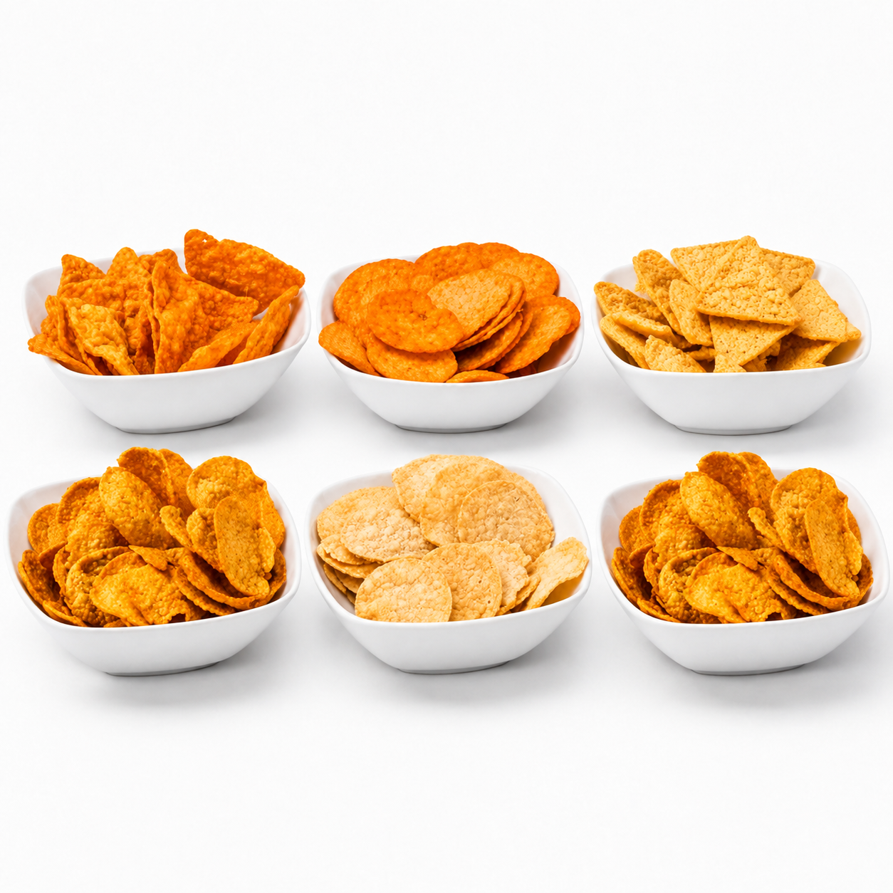 Chips proefpakket met zes schaaltjes chips in verschillende smaken