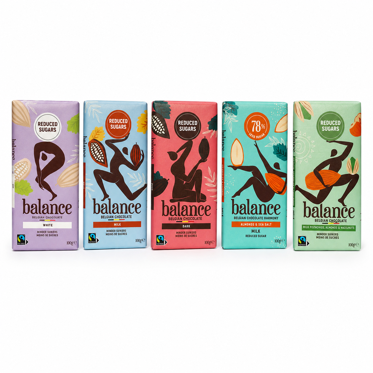 Chocoladerepen proefpakket met vijf Balance repen, wit, melk, puur, amandel zeezout en pistache amandel hazelnoot