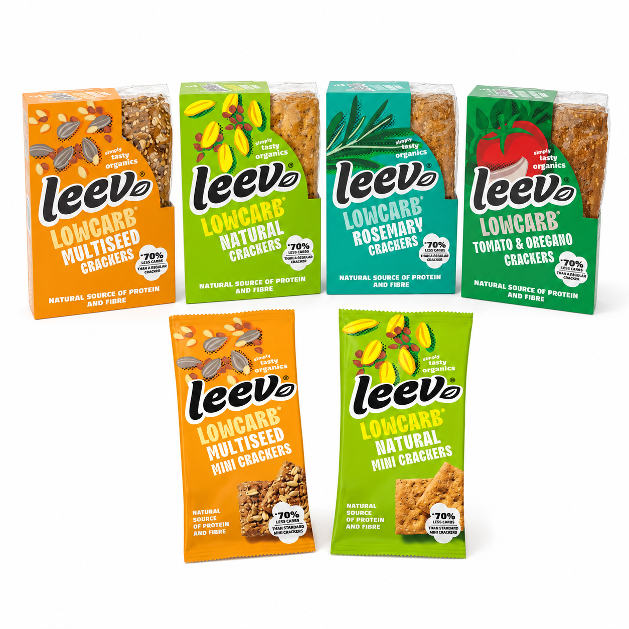 Leev crackers proefpakket met multiseed, naturel, rozemarijn en tomaat oregano crackers plus twee mini verpakkingen
