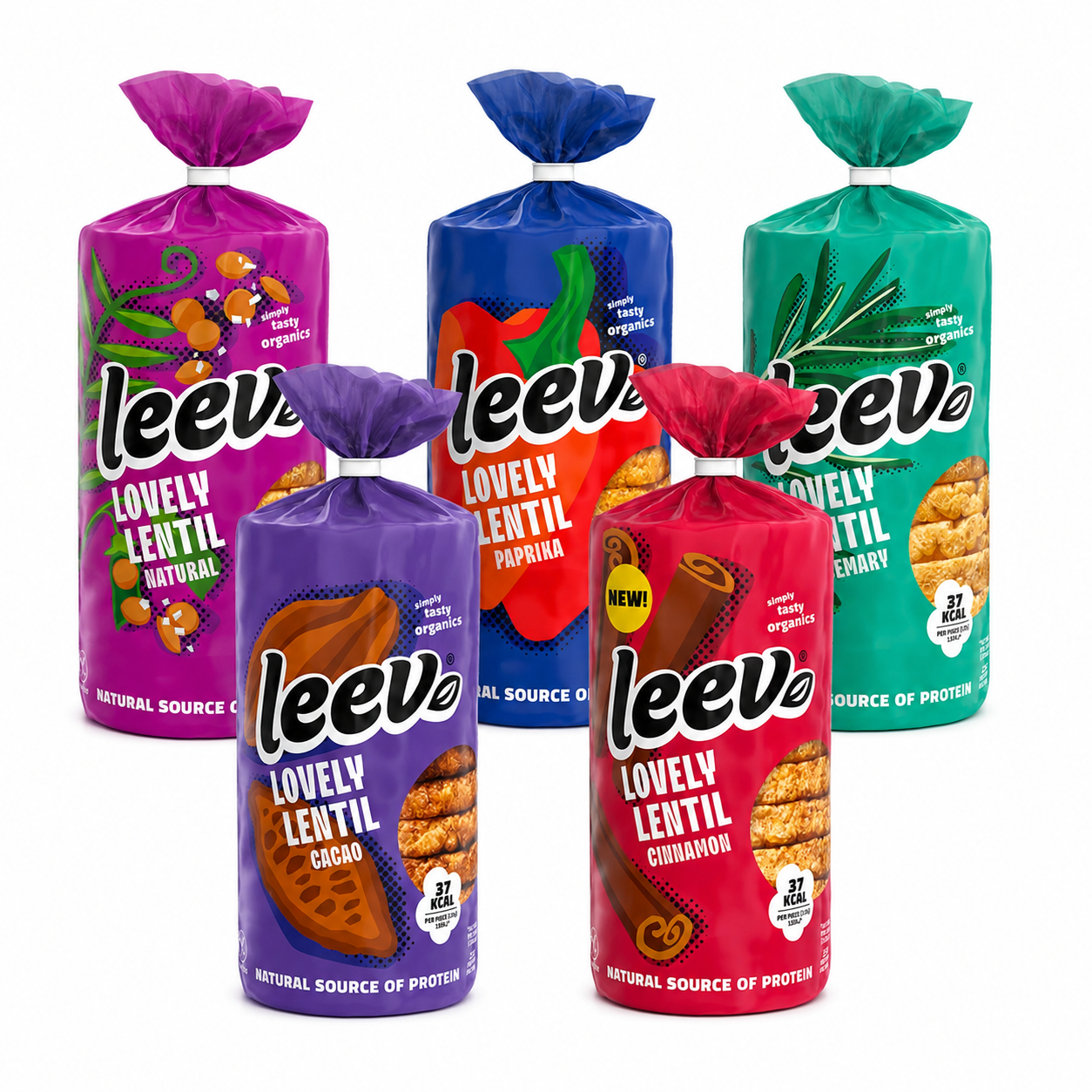 Leev linzenwafels proefpakket met de smaken naturel, paprika, rozemarijn, cacao en kaneel