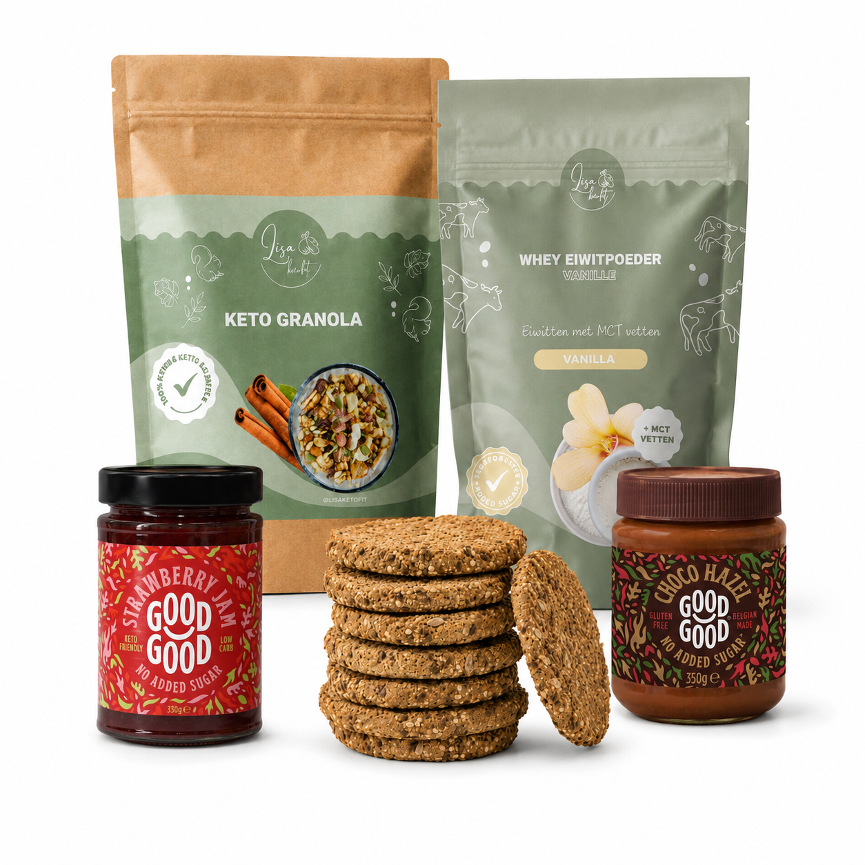 Ontbijtpakket met keto granola, whey eiwitpoeder vanille, beschuit, aardbeienjam en hazelnootpasta