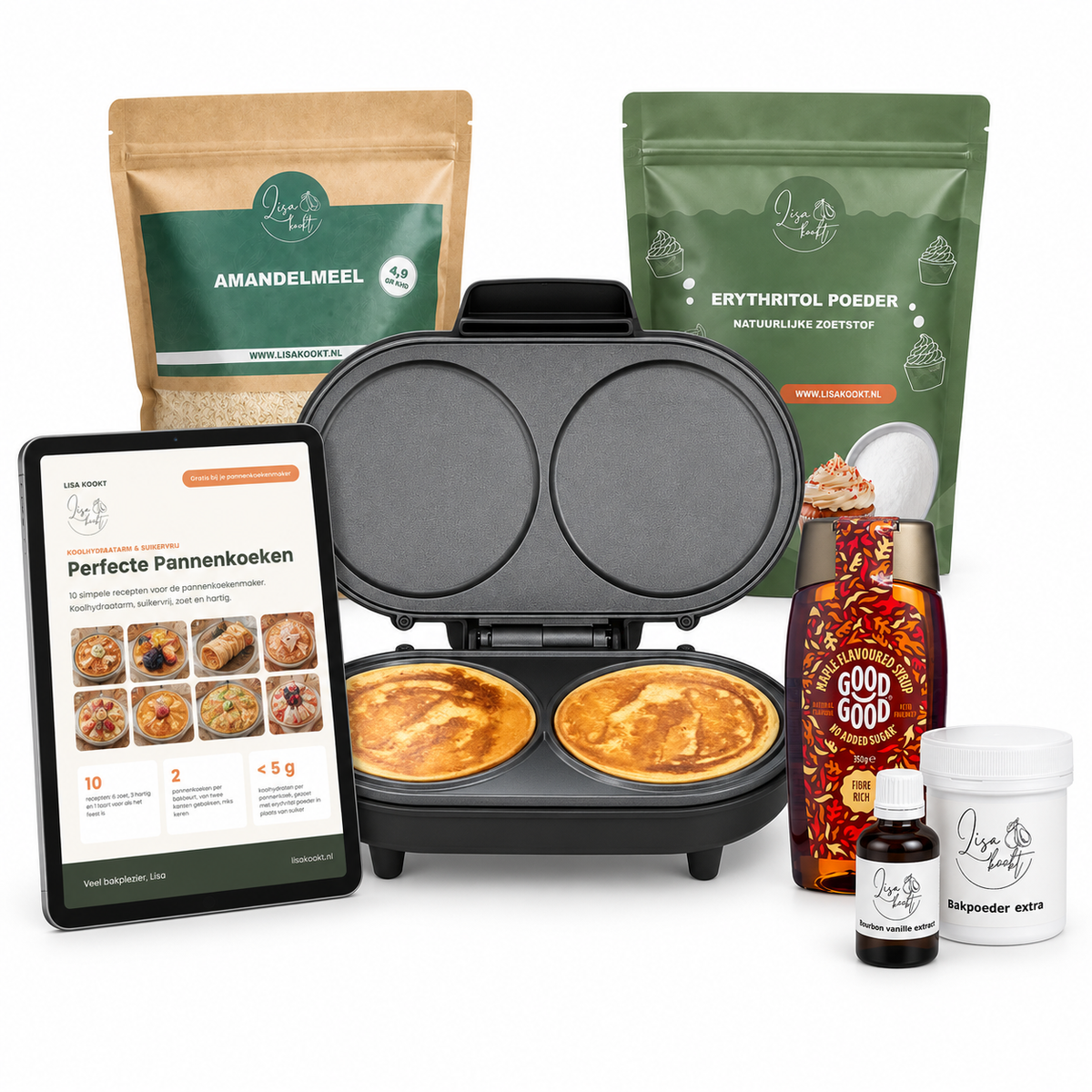 Pannenkoekenpakket Compleet: pannenkoekenmaker, amandelmeel, erythritol poeder, bakpoeder, vanille-extract, maple syrup en het e-book Perfecte Pannenkoeken