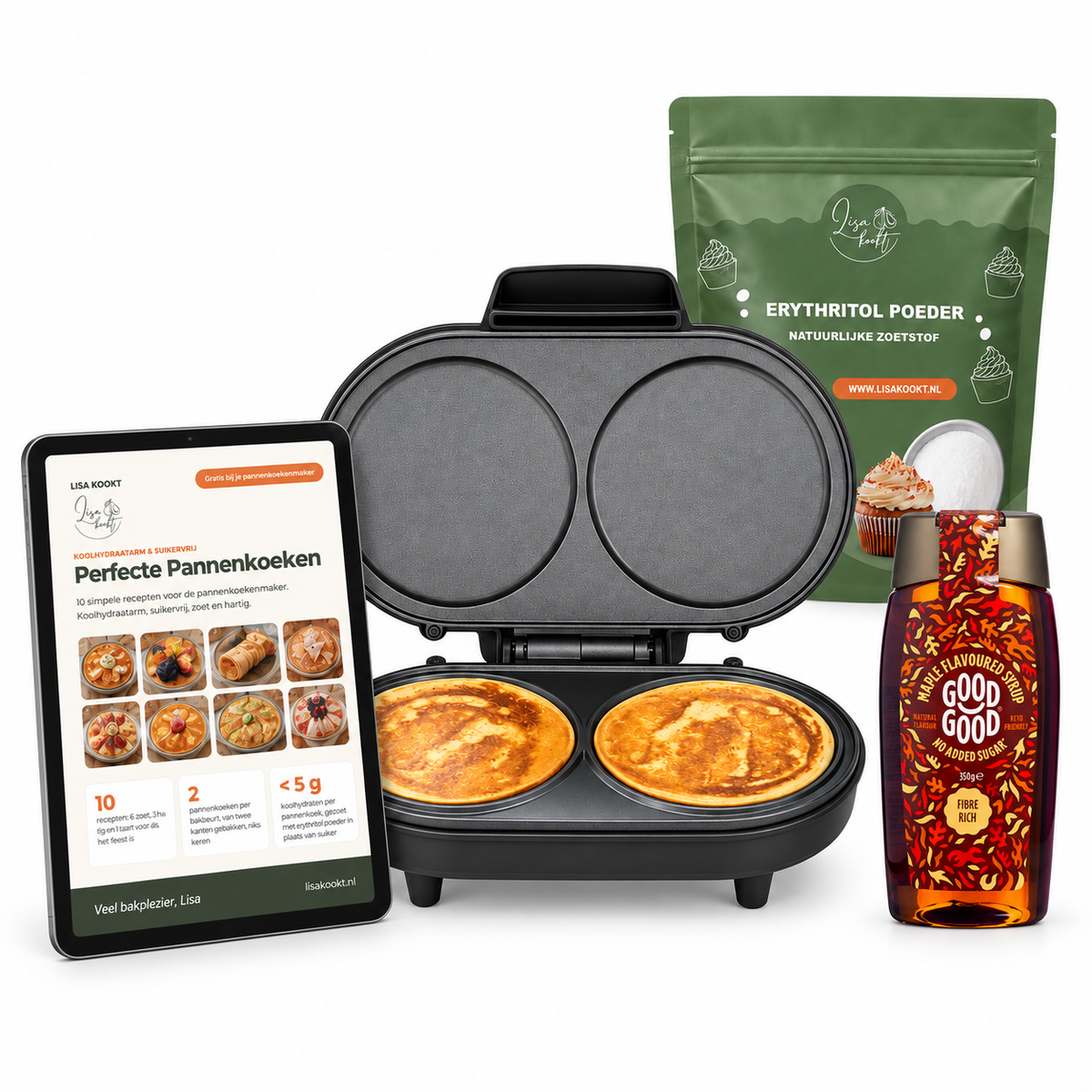 Pannenkoekenpakket: pannenkoekenmaker, erythritol poeder, maple syrup en het e-book Perfecte Pannenkoeken