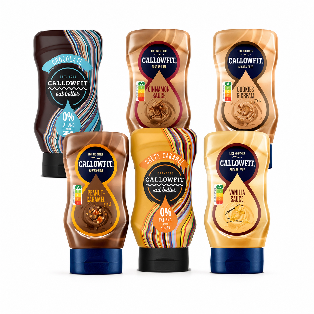 Zoete sauzen proefpakket met zes Callowfit flessen, chocolade, cinnamon, cookies en cream, peanut caramel, salty caramel en vanille