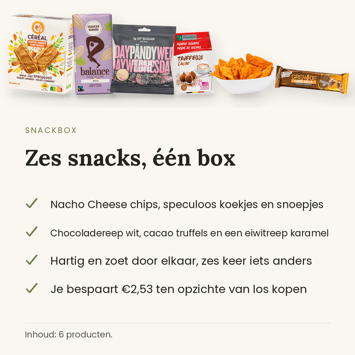 Snackbox: zes snacks in een box, wat er in zit