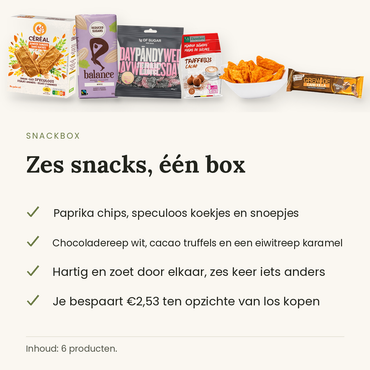 Snackbox: zes snacks in een box, wat er in zit