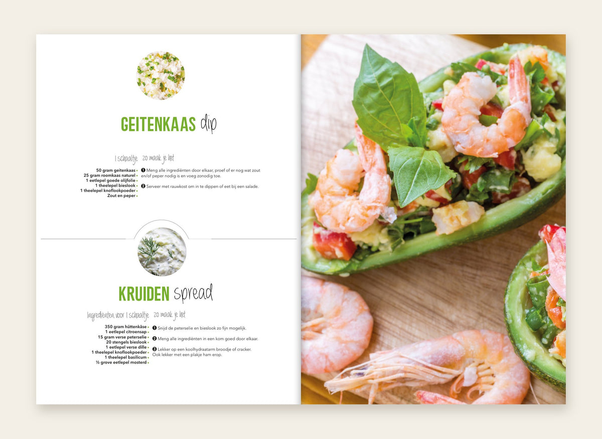 Opengeslagen kookboek: geitenkaas dip en kruidenspread