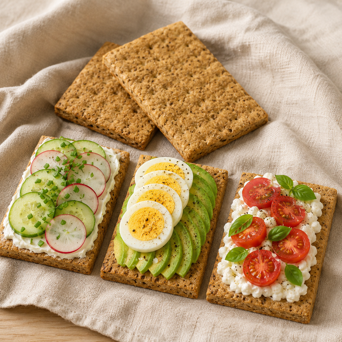Leev crackers naturel op drie manieren belegd