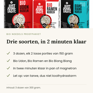 Bio noedels proefpakket, drie soorten in twee minuten klaar