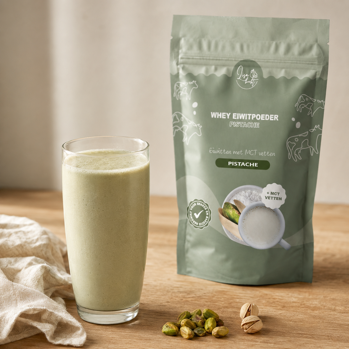 Pistacheshake gemaakt met Lisa's whey eiwitpoeder pistache, met de zak ernaast