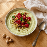 Griekse yoghurt met pistache whey, keto granola, pistachenoten en frambozen