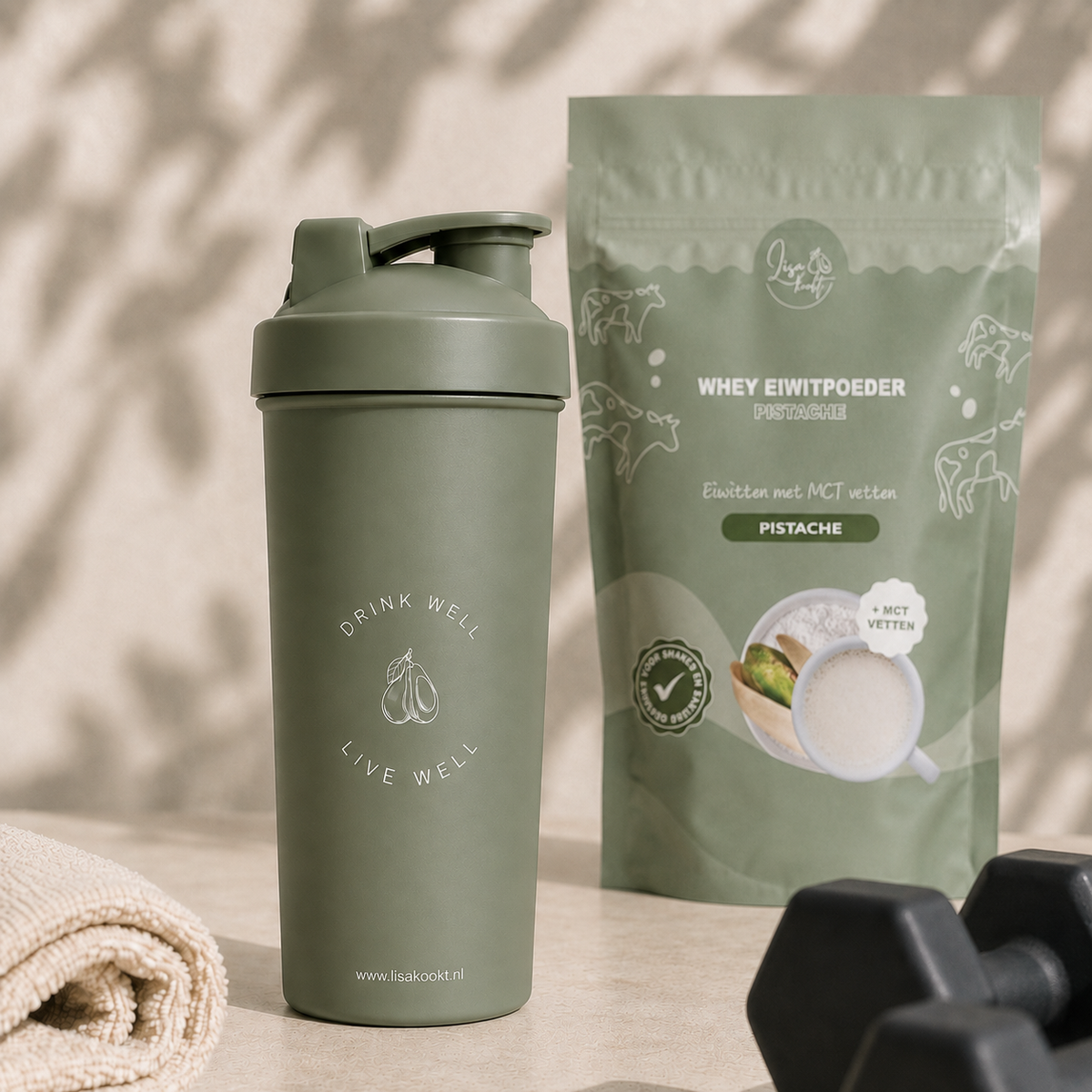 Lisa Kookt shakebeker naast de zak whey eiwitpoeder pistache, klaar voor na het sporten