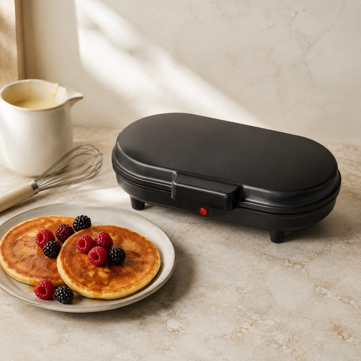 Pannenkoekenmaker met koolhydraatarme pannenkoeken en bessen