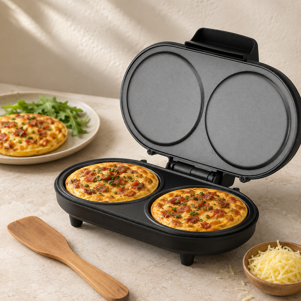 Hartige pannenkoeken met kaas en spek in de pannenkoekenmaker