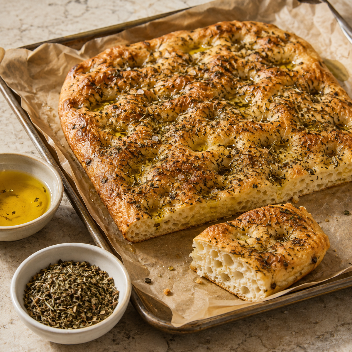 Focaccia met olijfolie en pizza kruiden uit de oven