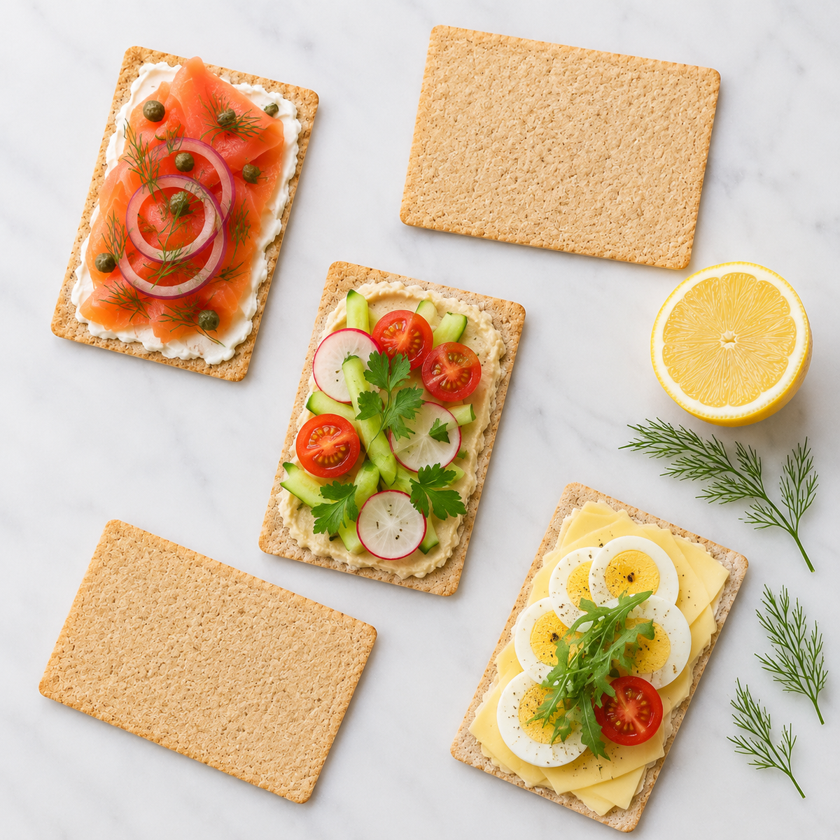 Quinoa crackers rijk belegd met zalm hummus kaas en ei