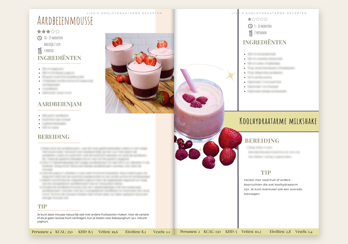 Koolhydraatarme Startgids inkijk: Recepten aardbeienmousse en milkshake