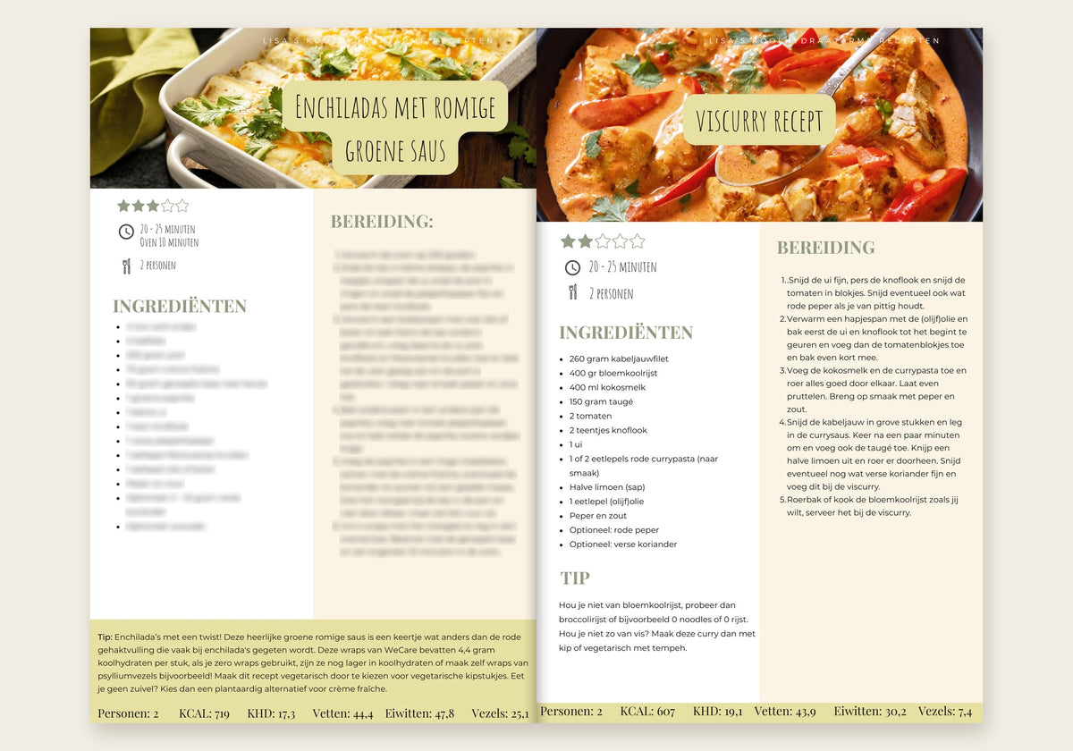 Koolhydraatarme Startgids inkijk: Recepten enchiladas en viscurry