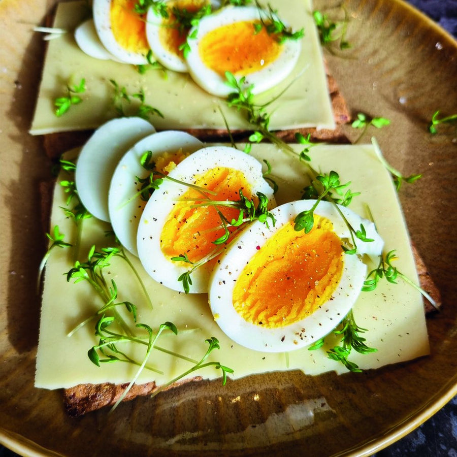 Low carb crackers met kaas, ei en tuinkers