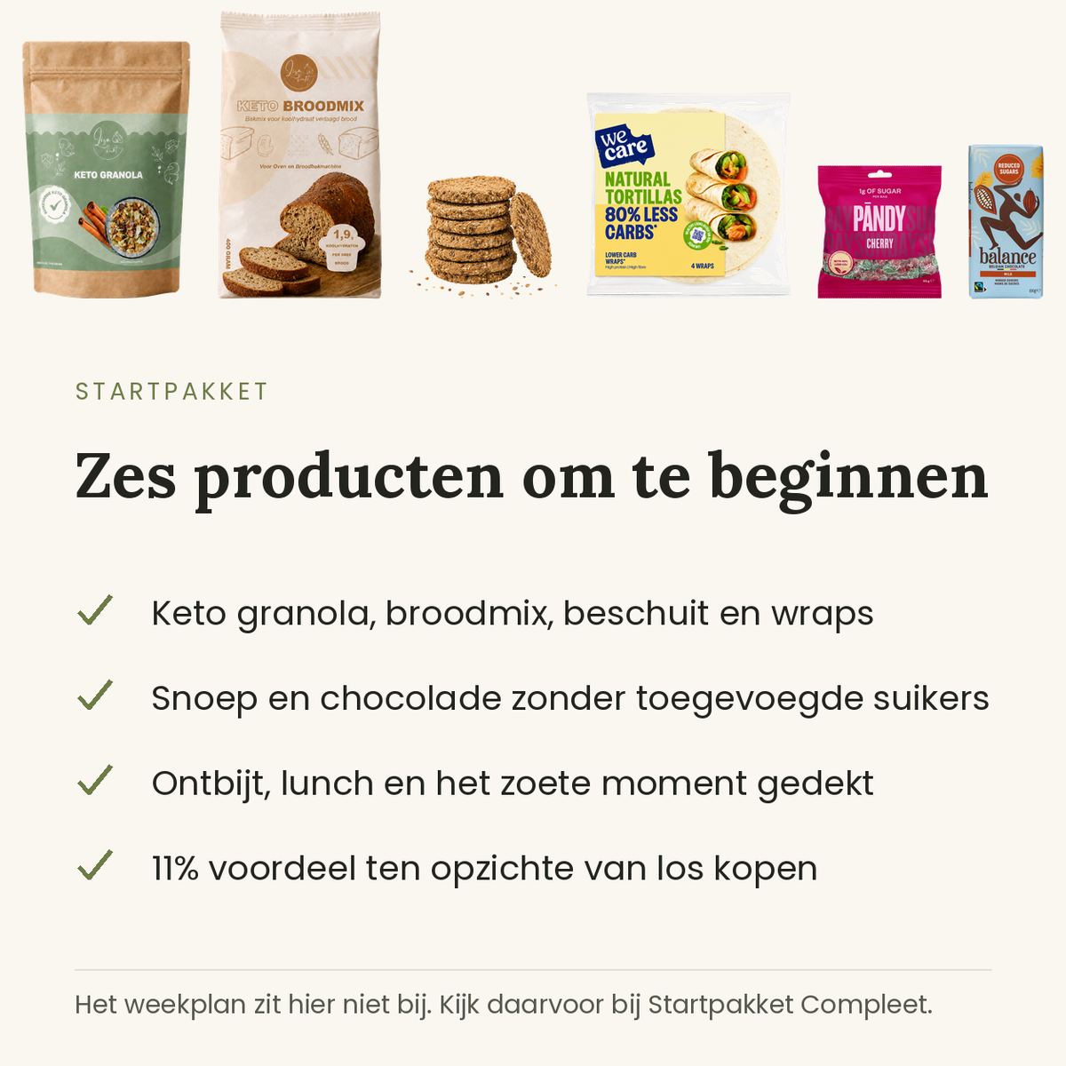 Zes producten in het startpakket: granola, broodmix, beschuit, wraps, snoep en chocolade