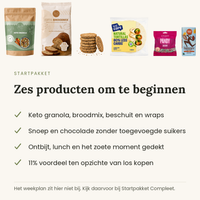 Zes producten in het startpakket: granola, broodmix, beschuit, wraps, snoep en chocolade