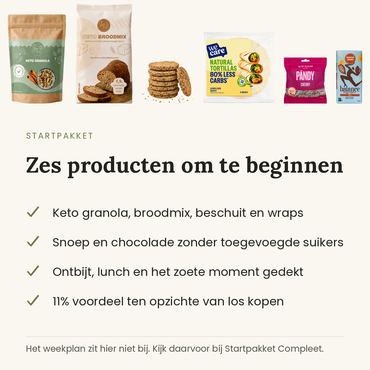 Zes producten in het startpakket: granola, broodmix, beschuit, wraps, snoep en chocolade