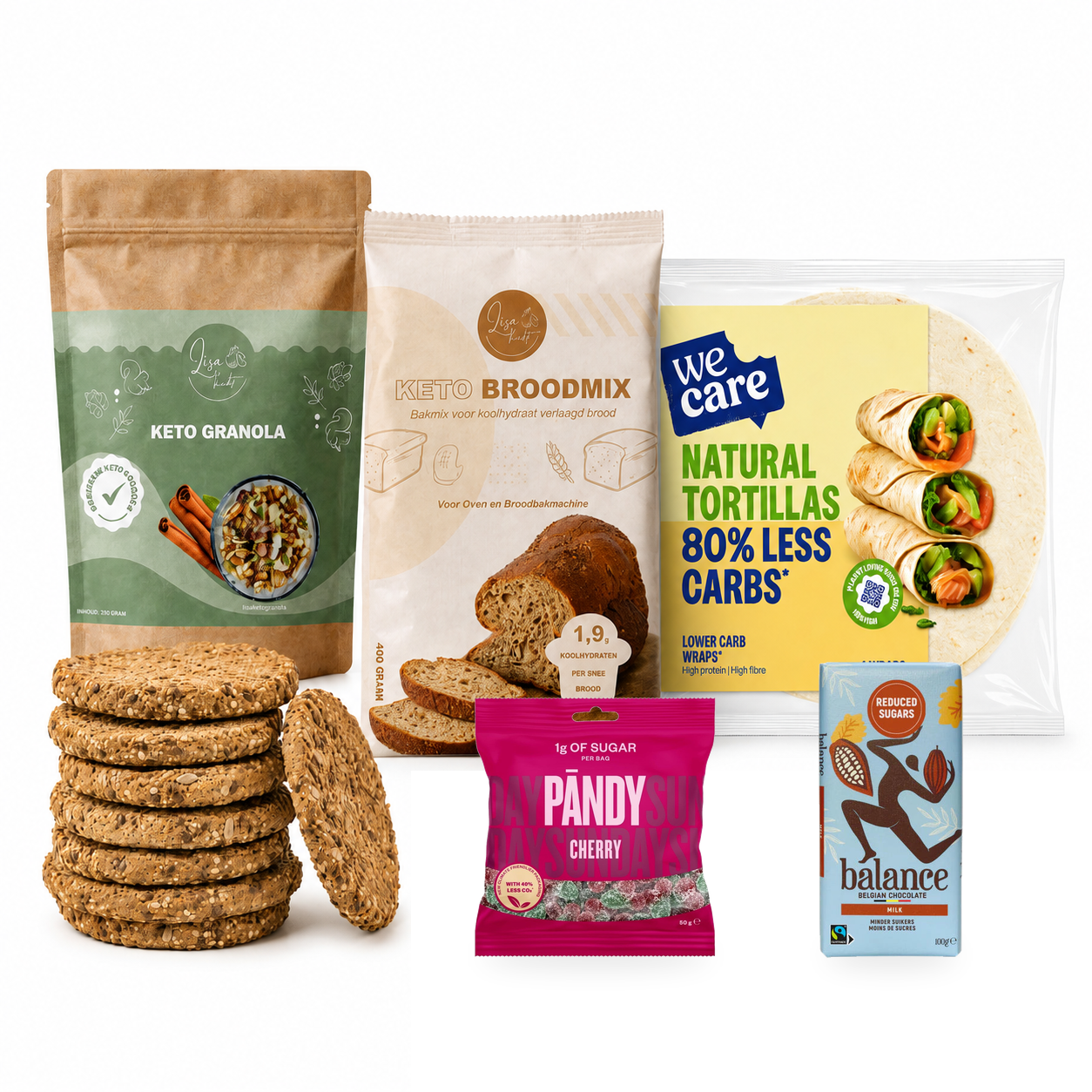Startpakket met keto granola, keto broodmix, beschuit, wraps, Pandy snoepjes kersen en een Balance melkchocoladereep