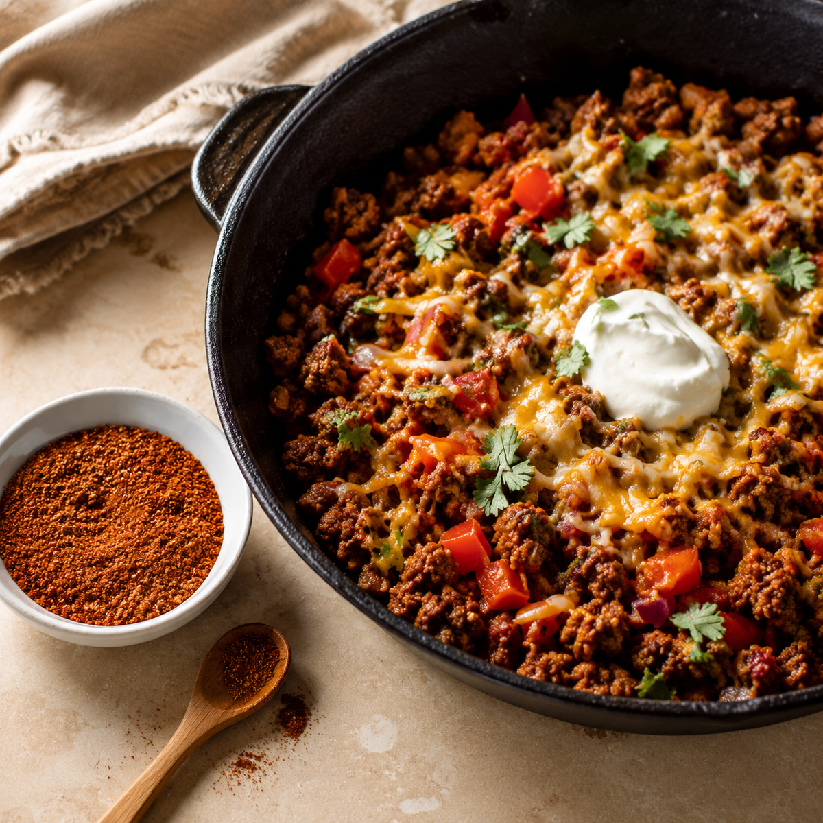 Gekruid gehakt met Tex Mex kruiden in de pan