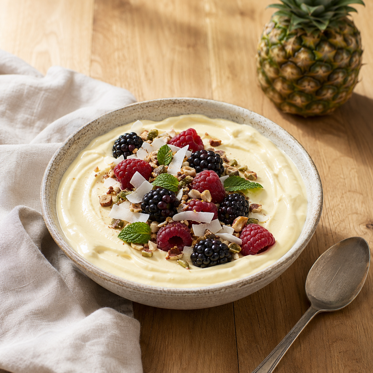 Griekse yoghurt met tropische whey, keto granola, bosvruchten en kokos
