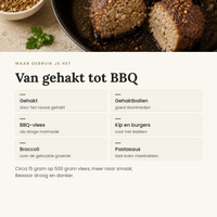 Toepassingen: gehakt, gehaktballen, BBQ-vlees, kip, groenten en pastasaus