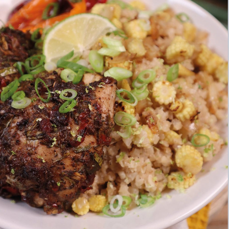 Jamaicaanse kip met kokosrijst