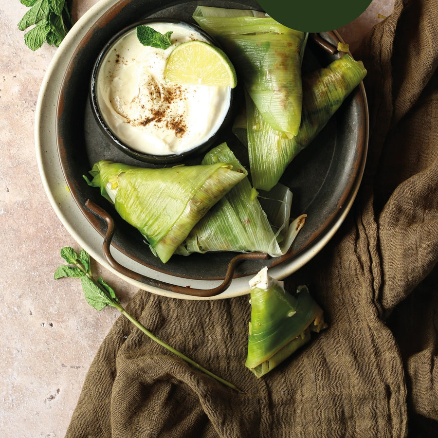 Samosa's van prei met yoghurtdip