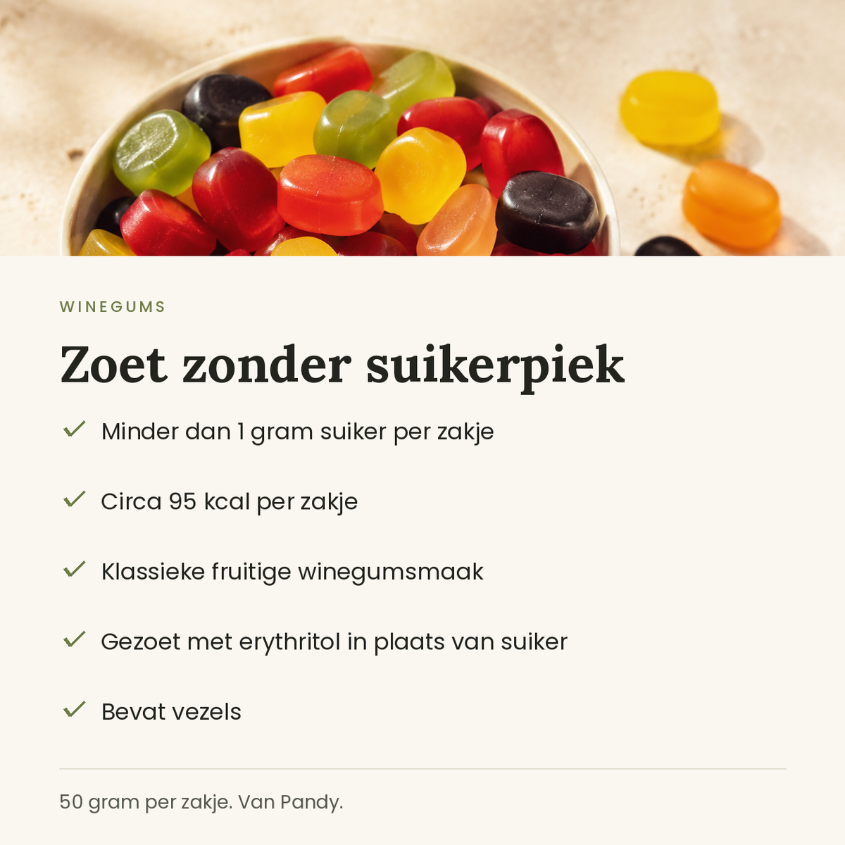 Winegums: minder dan 1 gram suiker per zakje