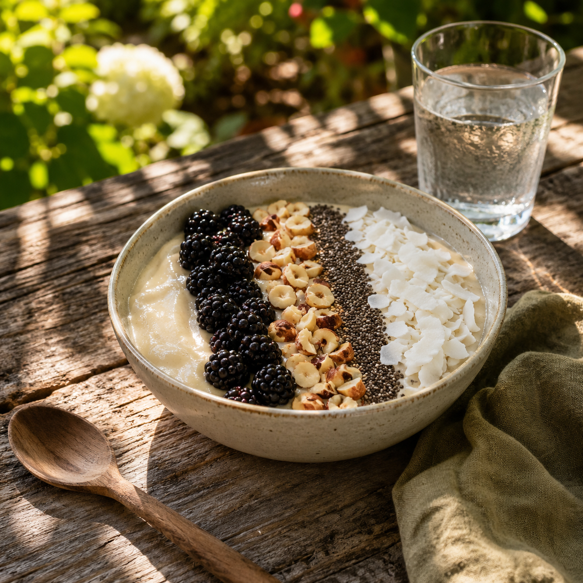 Smoothiebowl met bramen, hazelnoten, chiazaad en kokos op een tuintafel in de zon