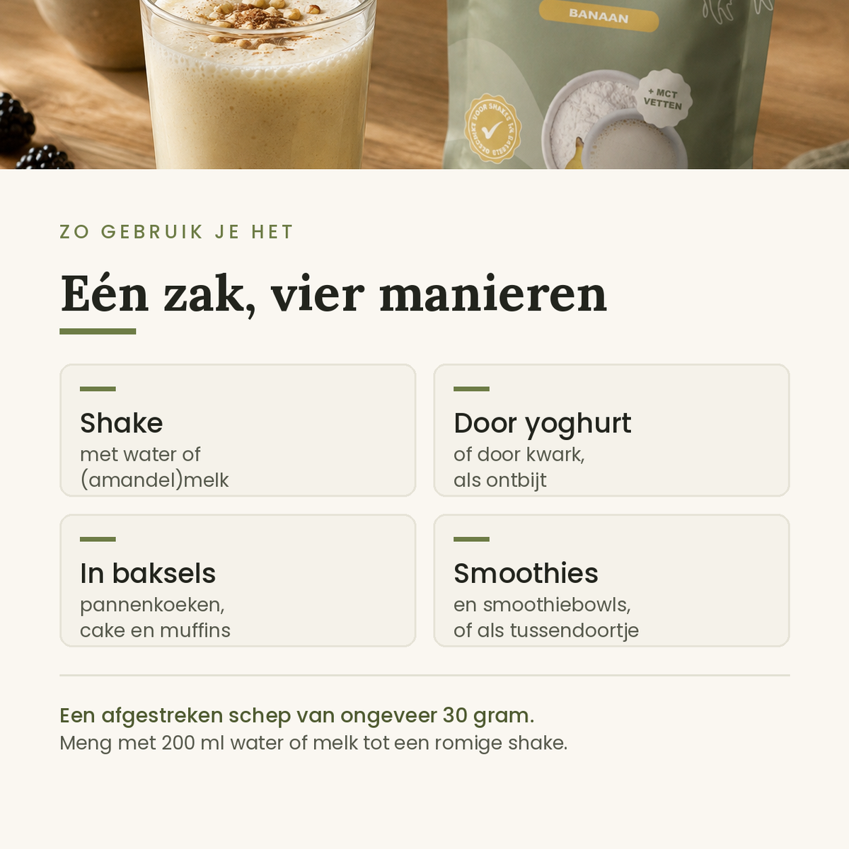 Vier manieren om banaan whey te gebruiken: shake, door yoghurt, in baksels en in smoothies