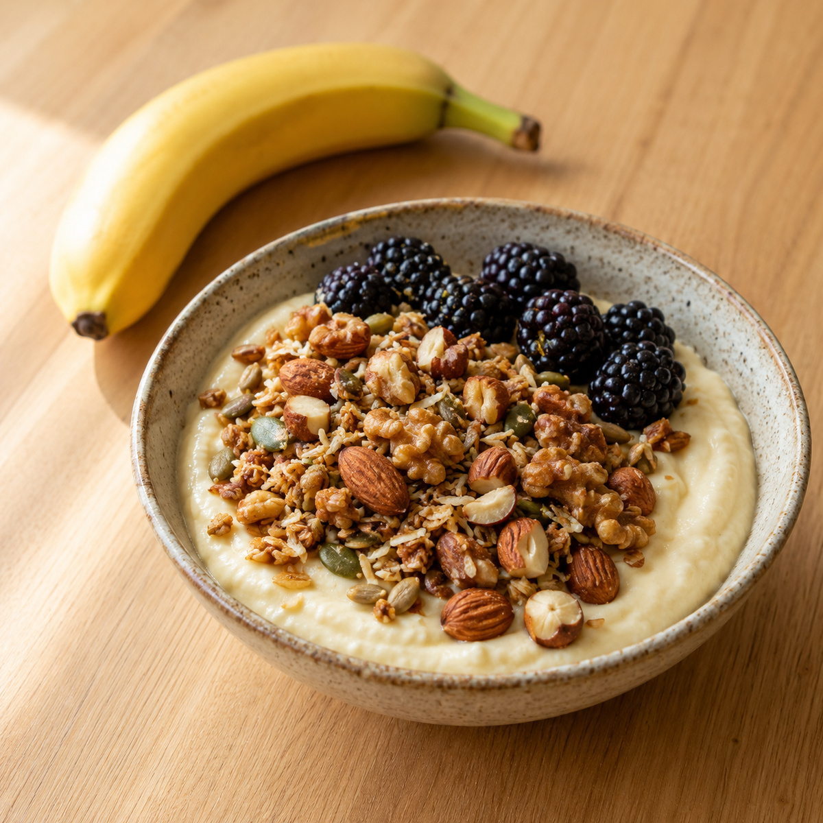 Kom Griekse yoghurt met bananen-eiwitpoeder, keto granola en bramen