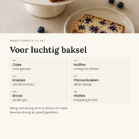 Toepassingen: cake, muffins, koekjes, pannenkoeken, brood en wafels