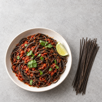 Zwarte bonen pasta met pittige tomatensaus