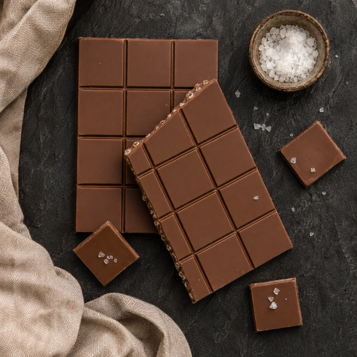 Chocoladereep amandel zeezout op leisteen