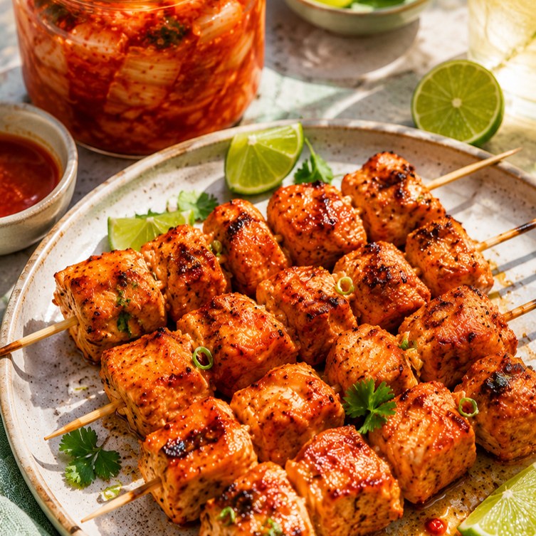 Kipspiesjes met kimchi limoenmarinade