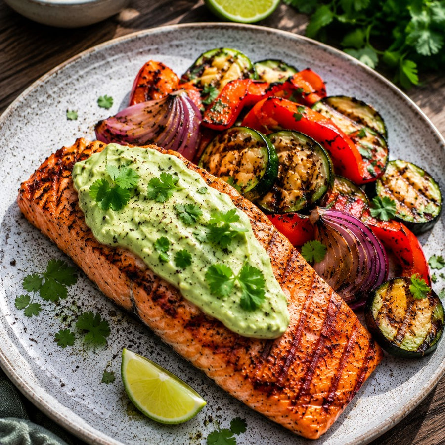 Zalm met groenten en avocadocrème